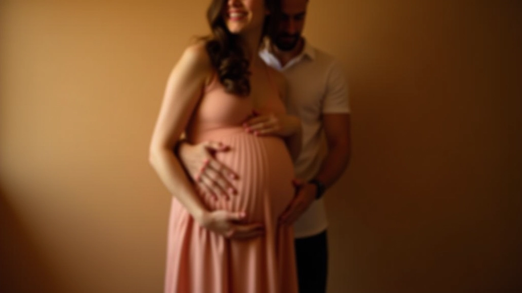 Couple embracing during maternity photoshoot, woman in maternity gown, partner behind her with hands around belly, intimate moment, warm lighting