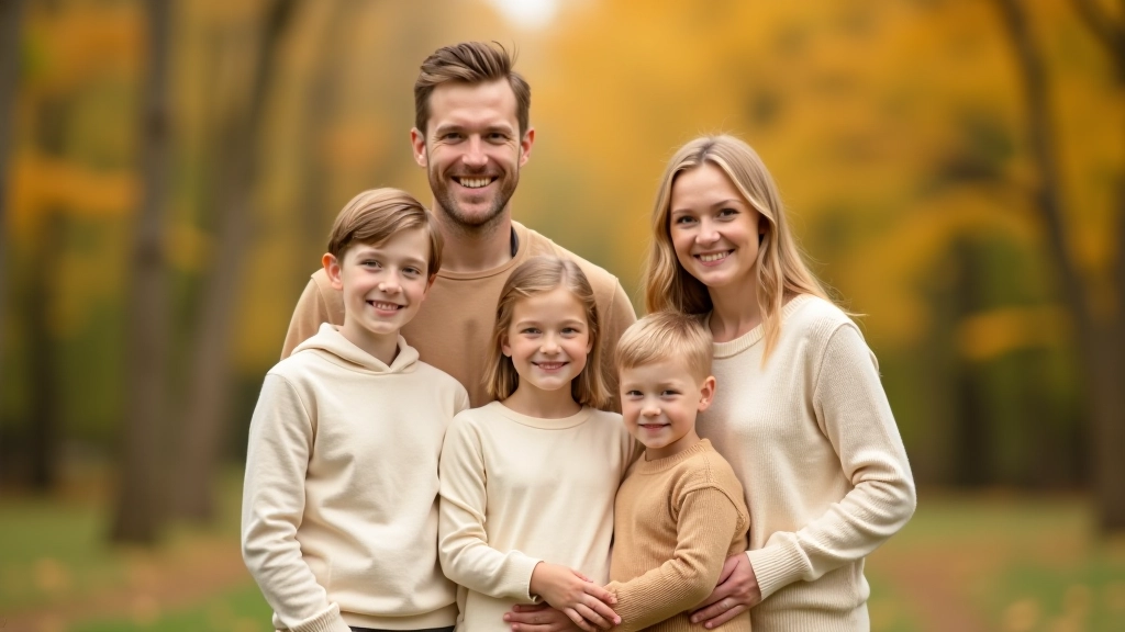 Family of four dressed in complementary neutral tones - parents and two children in coordinated outfits, smiling together outdoors
