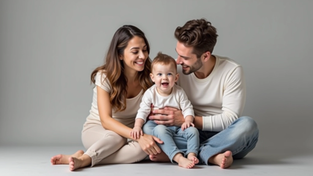 Young family of three sitting together on neutral background, parents smiling with toddler between them