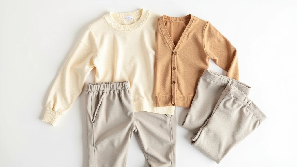 Styling flat lay showing carefully chosen neutral clothing items - soft textures, simple pieces without logos or patterns