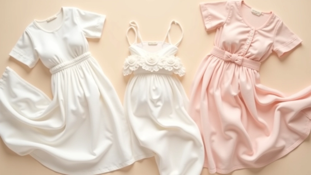 Maternity clothing laid out, flowing white and neutral colored dresses, fabrics draped elegantly, studio setup with warm lighting