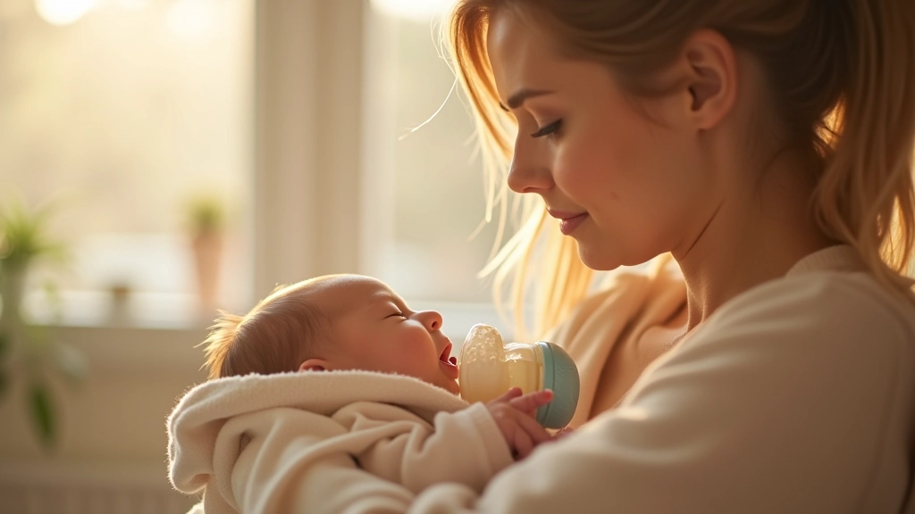 Mother bottle feeding newborn baby in calm home setting with soft natural lighting and comfortable seating