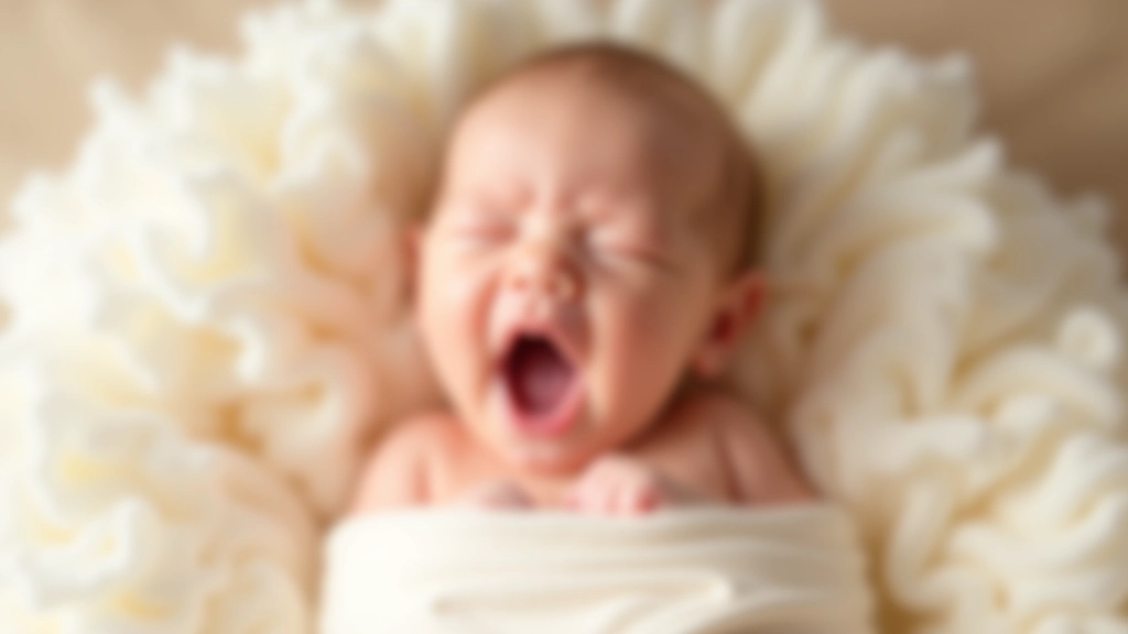 Newborn baby yawning peacefully in comfortable studio setup surrounded by soft props and blankets