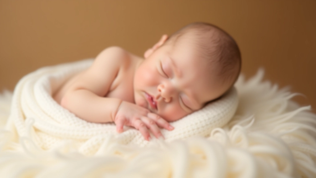 Newborn baby sleeping peacefully on soft white blankets in studio setting with warm lighting