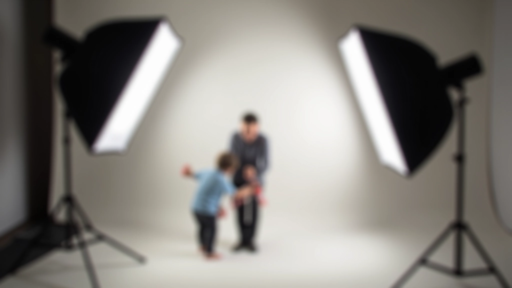 Studio photographer adjusting professional lighting equipment with softbox near photography backdrop