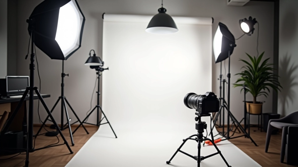 Professional photography studio workspace with lighting equipment, camera gear, and backdrop materials, organized and ready for family portrait sessions