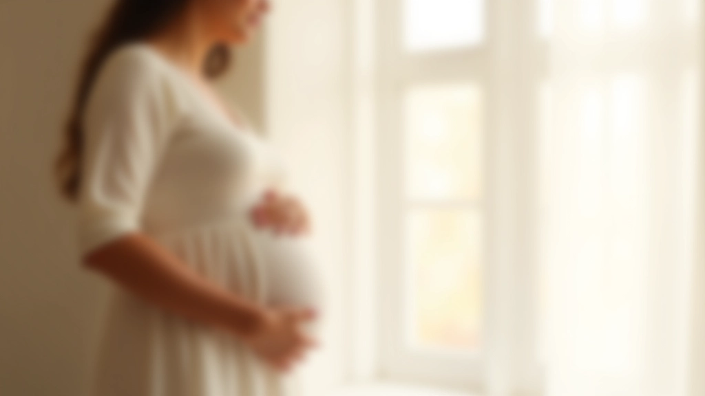 Pregnant woman in white flowing dress standing in bright window light, hands on belly