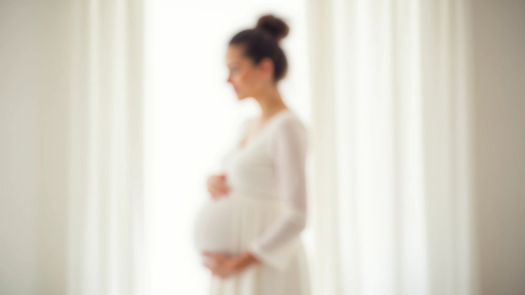 Pregnant woman in white dress posing by window, soft natural light, serene expression, third trimester belly visible